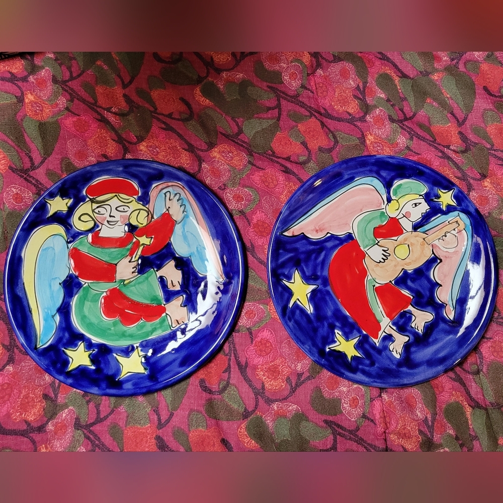 VTG Set La Musa Xmas Holiday Boho Musician Angel Plates ITALY Colorful Painted